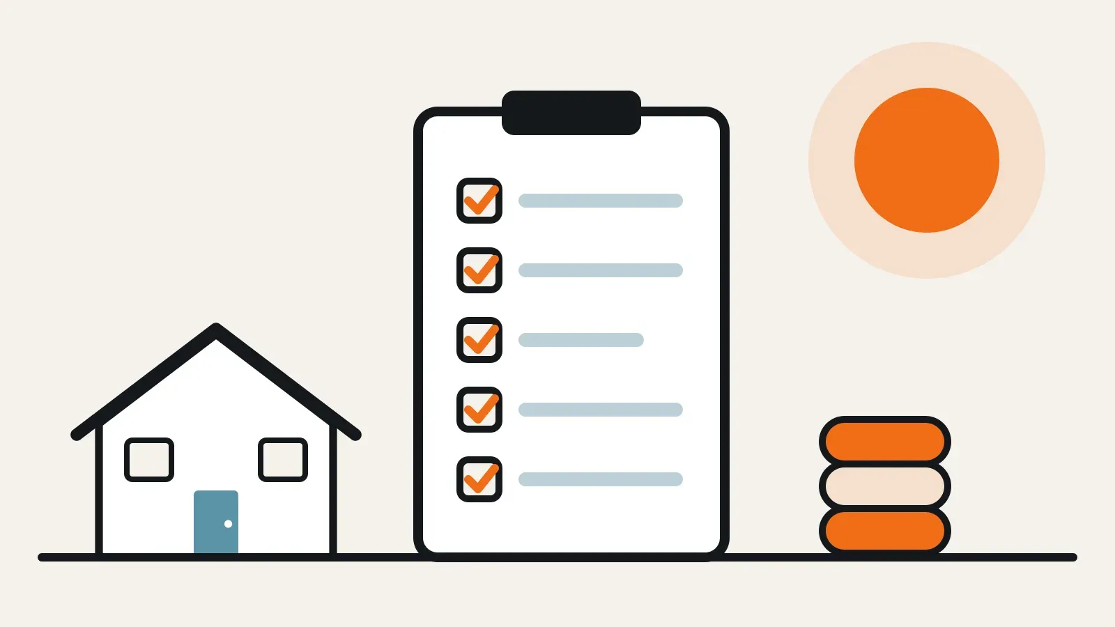 Illustration of a house beside a checklist with every item ticked off