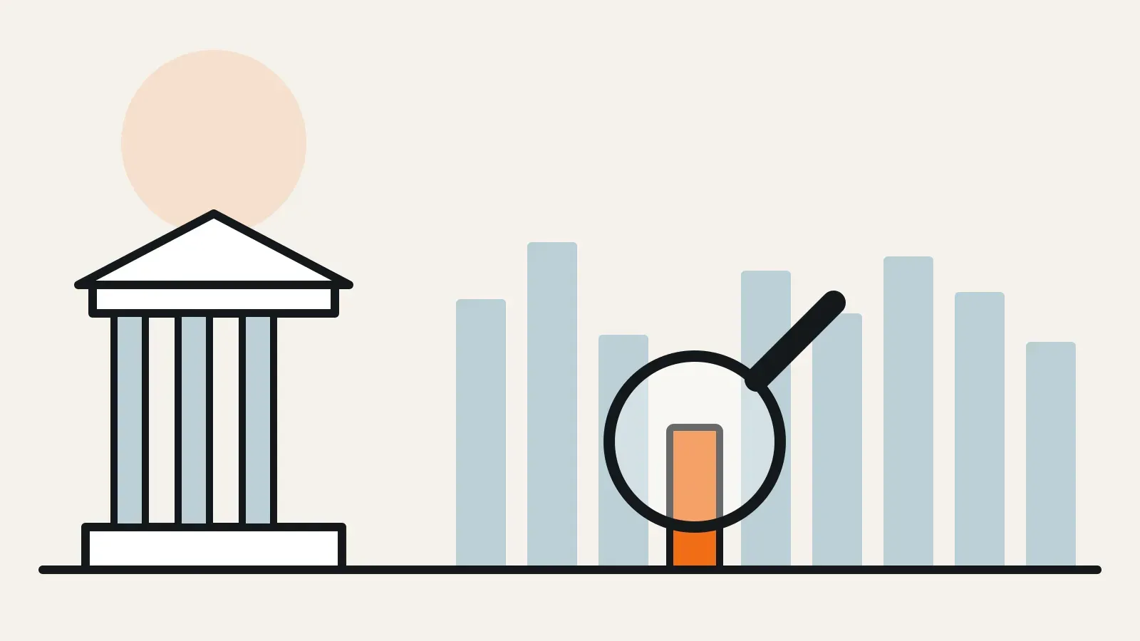 Illustration of a single bank building beside a magnifying glass picking out the best loan from many lenders