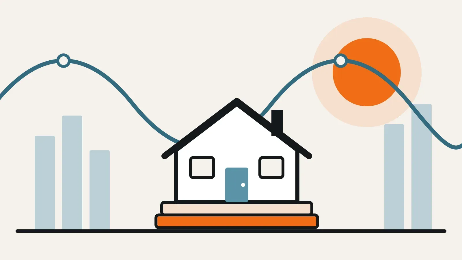 Illustration of a house resting on a solid buffer while an interest-rate cycle rises and falls behind it